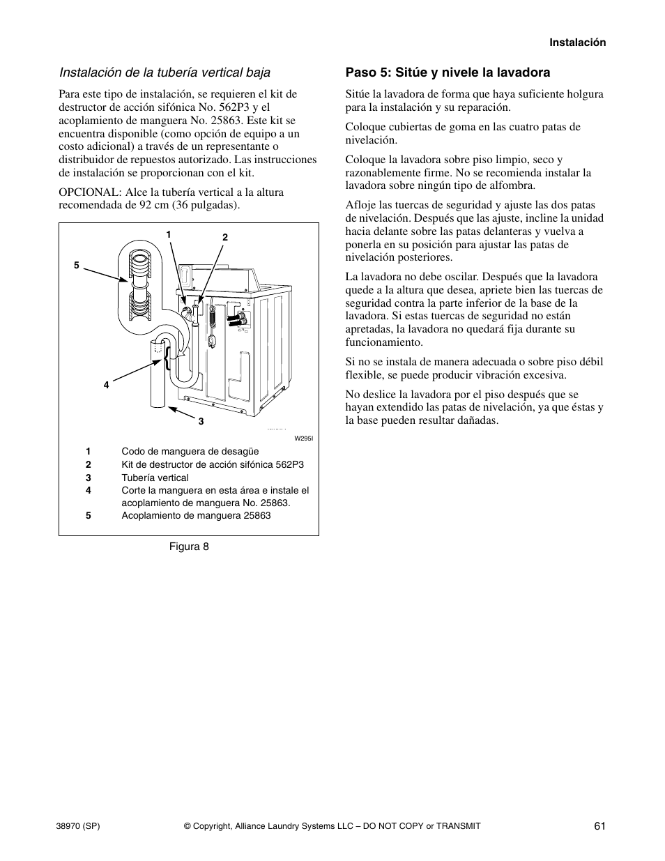 Paso 5: sitúe y nivele la lavadora | Speed Queen W446I User Manual | Page 63 / 92