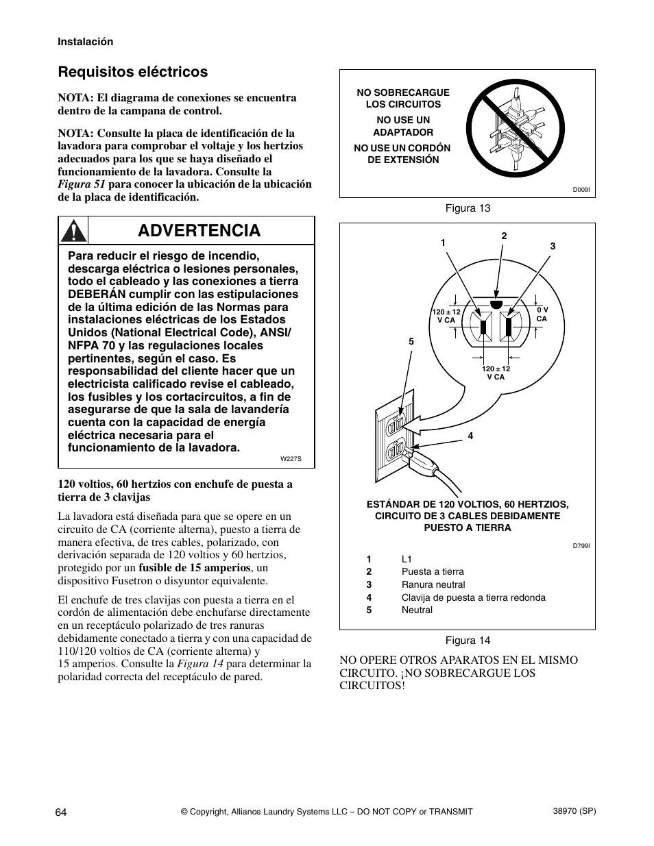 Requisitos eléctricos, Advertencia | Speed Queen W446I User Manual | Page 66 / 92