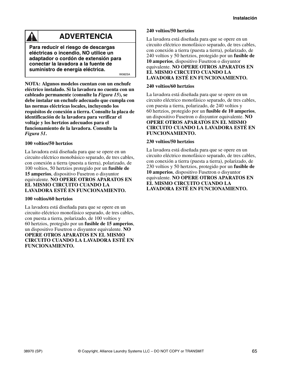 Advertencia | Speed Queen W446I User Manual | Page 67 / 92