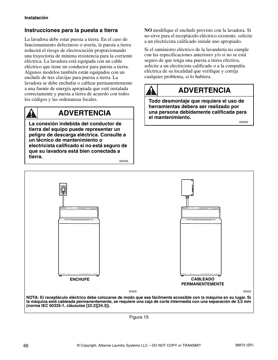 Instrucciones para la puesta a tierra, Advertencia | Speed Queen W446I User Manual | Page 68 / 92