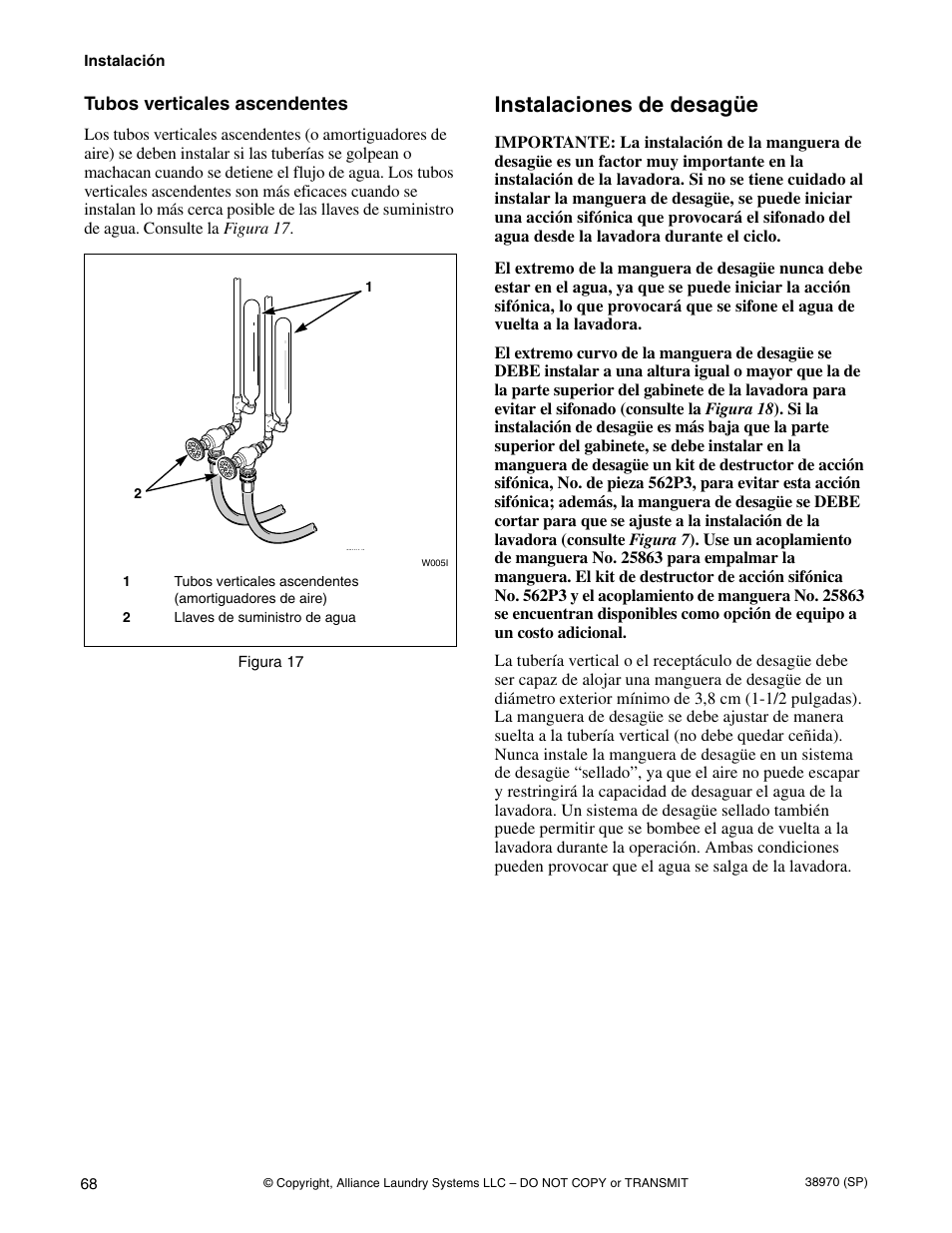 Tubos verticales ascendentes, Instalaciones de desagüe | Speed Queen W446I User Manual | Page 70 / 92