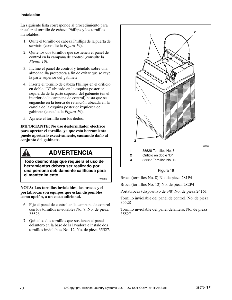 Advertencia | Speed Queen W446I User Manual | Page 72 / 92