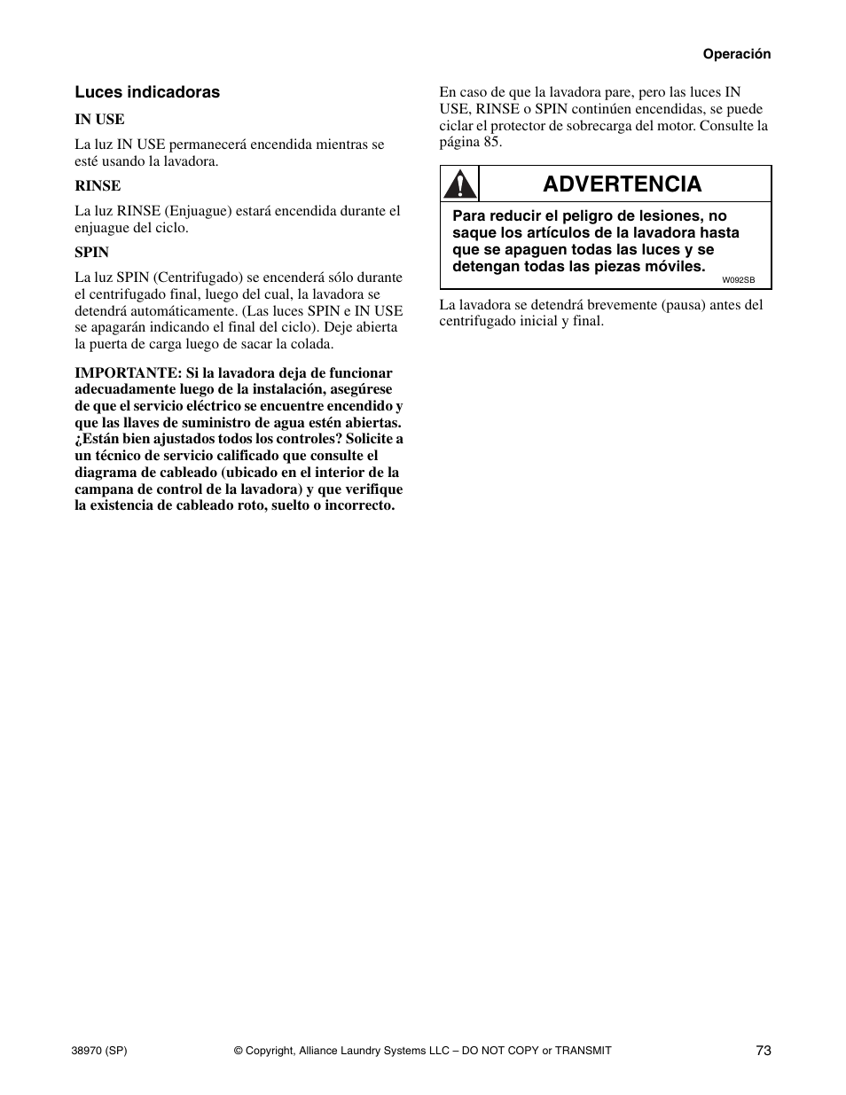 Luces indicadoras, Advertencia | Speed Queen W446I User Manual | Page 75 / 92