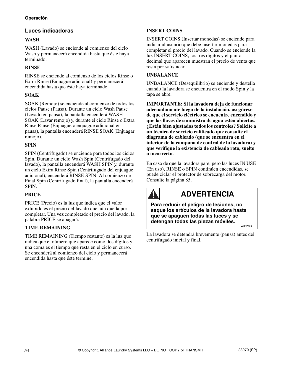 Luces indicadoras, Advertencia | Speed Queen W446I User Manual | Page 78 / 92