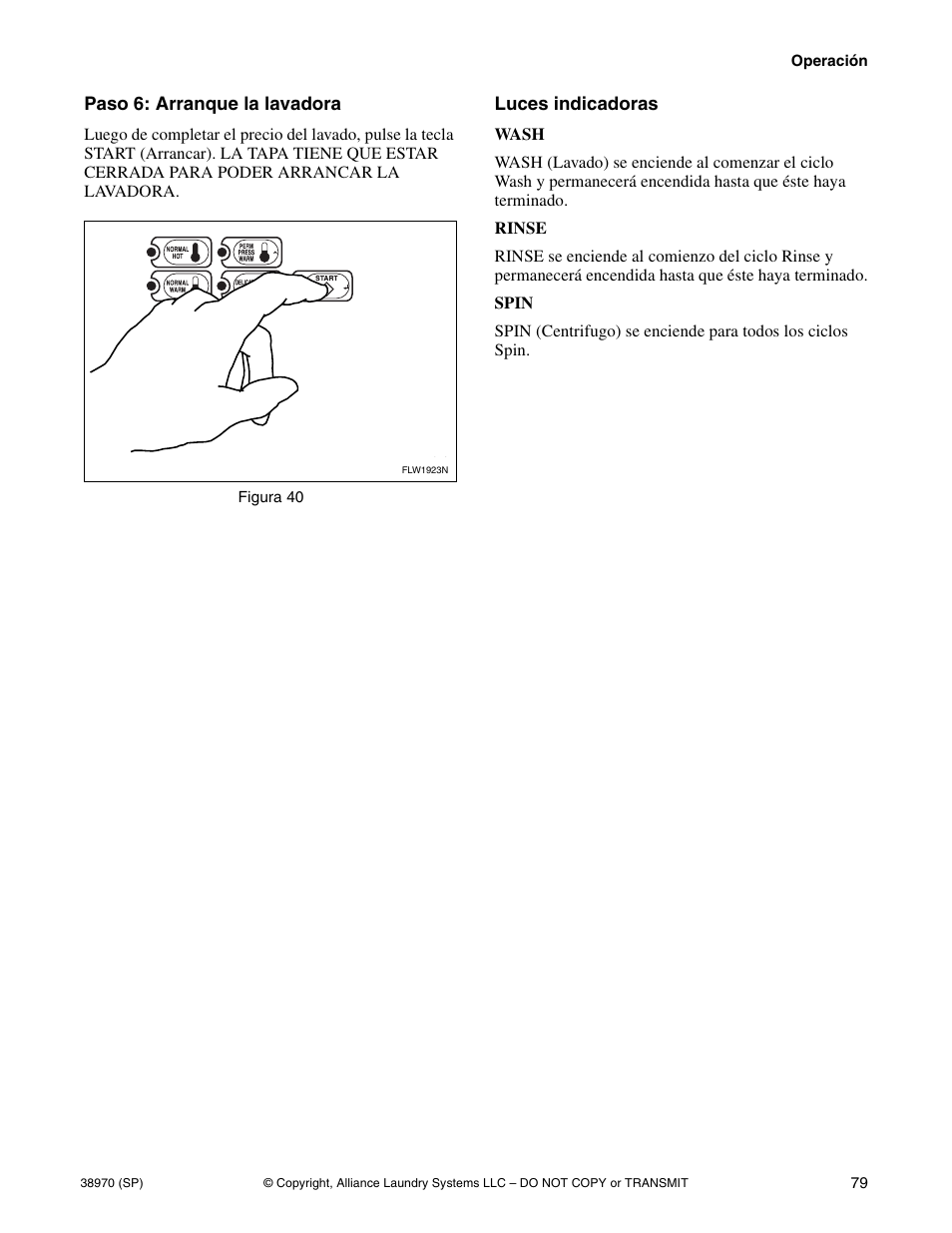 Paso 6: arranque la lavadora luces indicadoras | Speed Queen W446I User Manual | Page 81 / 92