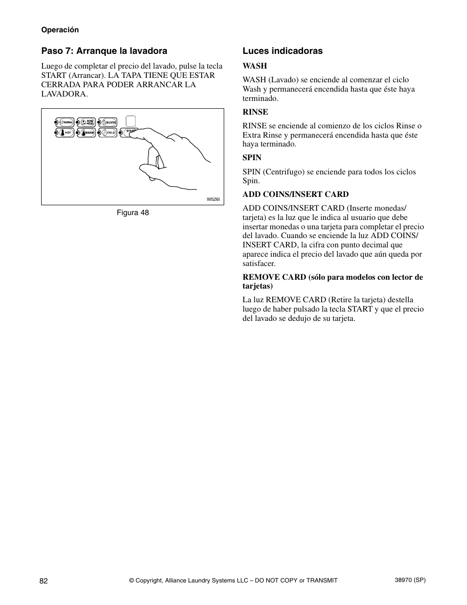 Paso 7: arranque la lavadora luces indicadoras | Speed Queen W446I User Manual | Page 84 / 92