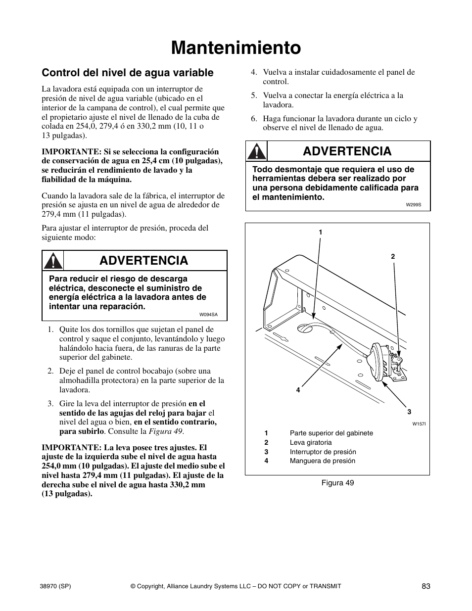 Mantenimiento, Control del nivel de agua variable, Advertencia | Speed Queen W446I User Manual | Page 85 / 92
