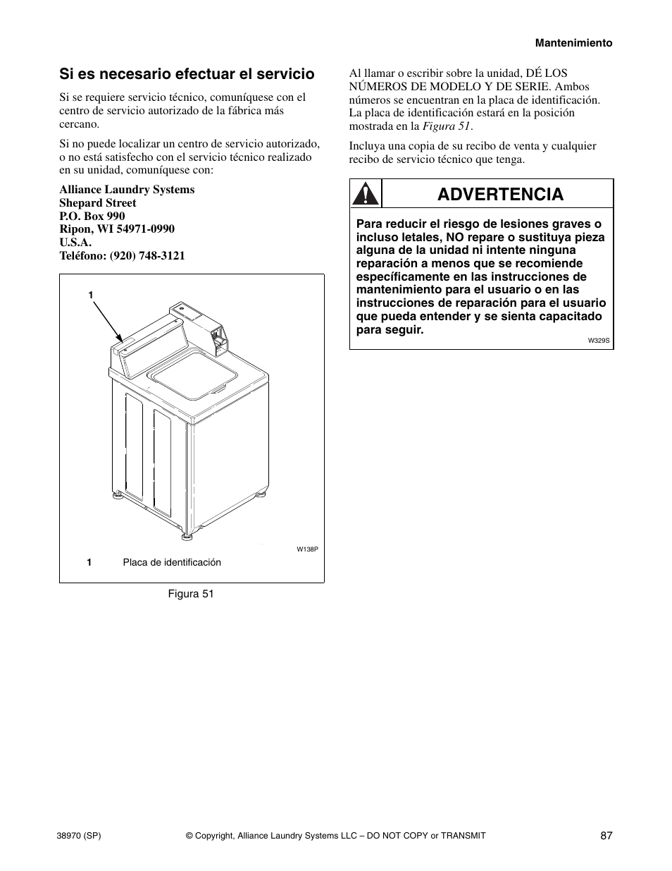 Si es necesario efectuar el servicio, Advertencia | Speed Queen W446I User Manual | Page 89 / 92