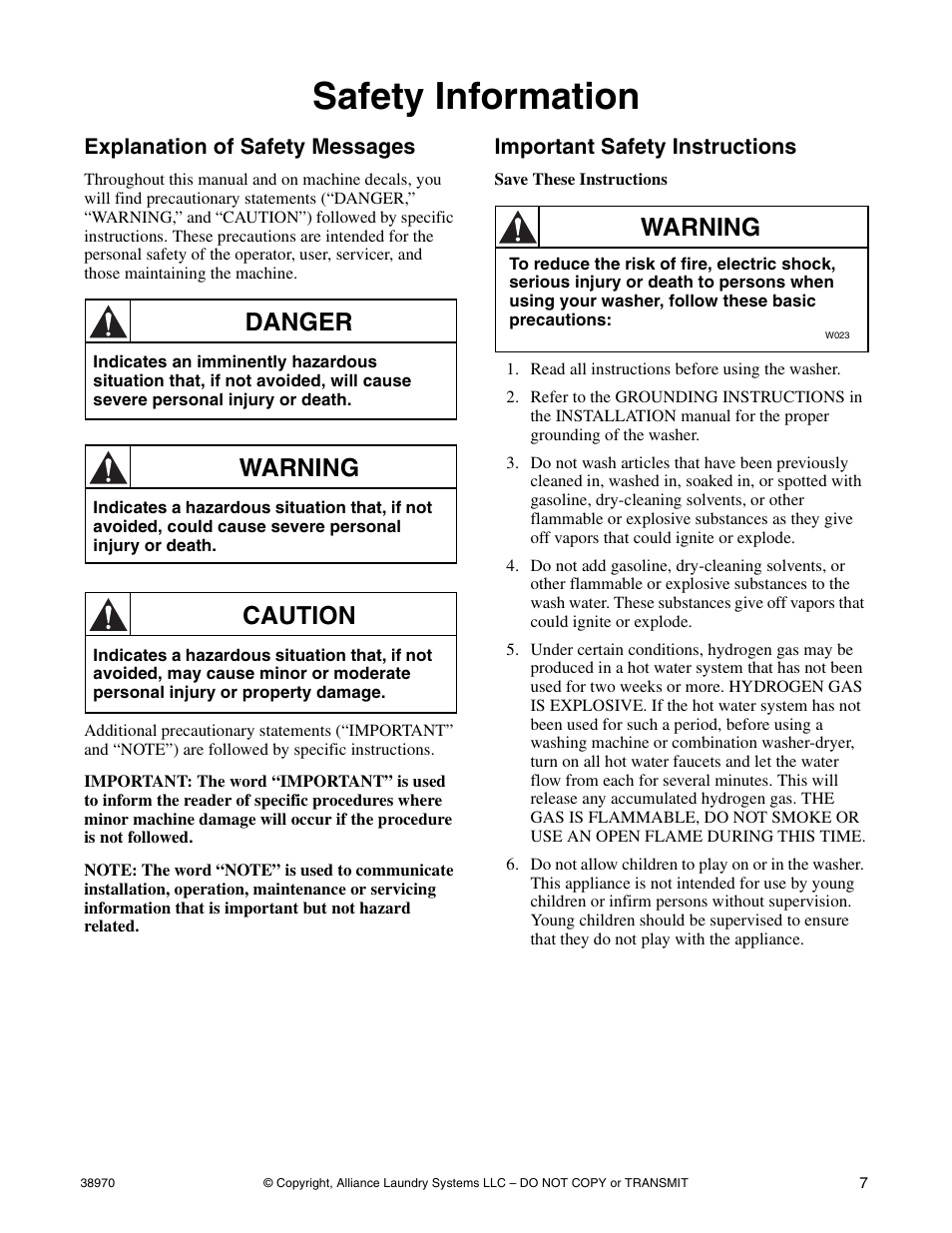 Safety information, Explanation of safety messages, Important safety instructions | Danger, Warning, Caution | Speed Queen W446I User Manual | Page 9 / 92