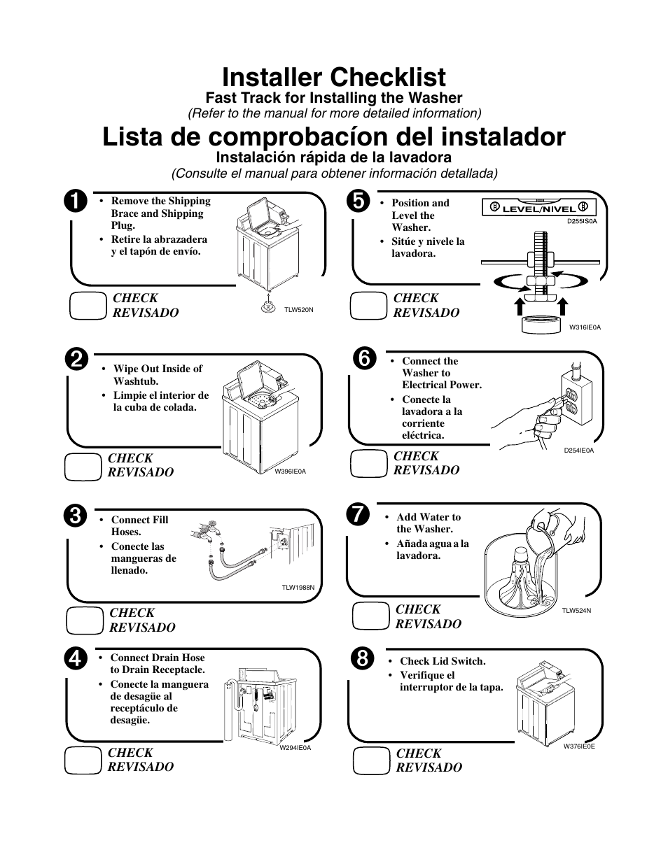 Lista de comprobacíon del instalador, Installer checklist, Fast track for installing the washer | Instalación rápida de la lavadora | Speed Queen W446I User Manual | Page 92 / 92