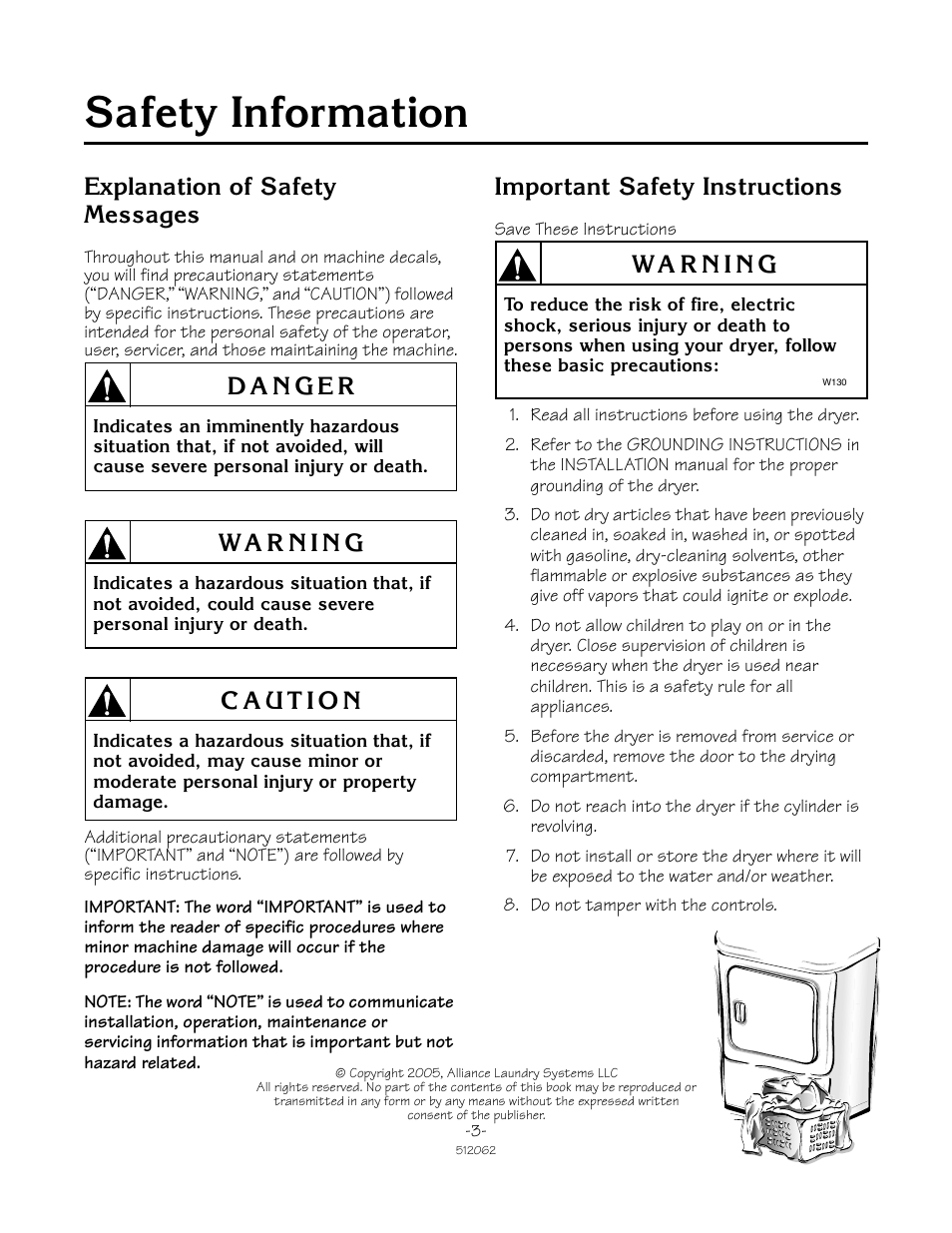 6dihw\ ,qirupdwlrq, Sodqdwlrq ri 6dihw\ 0hvvdjhv, Psruwdqw 6dihw\ ,qvwuxfwlrqv | Speed Queen 51206ZKZ User Manual | Page 3 / 18