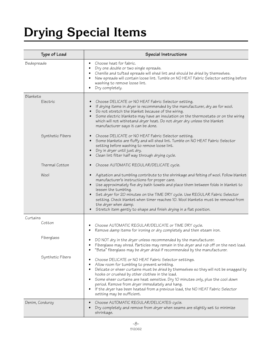 U\lqj 6shfldo ,whpv | Speed Queen 51206ZKZ User Manual | Page 8 / 18