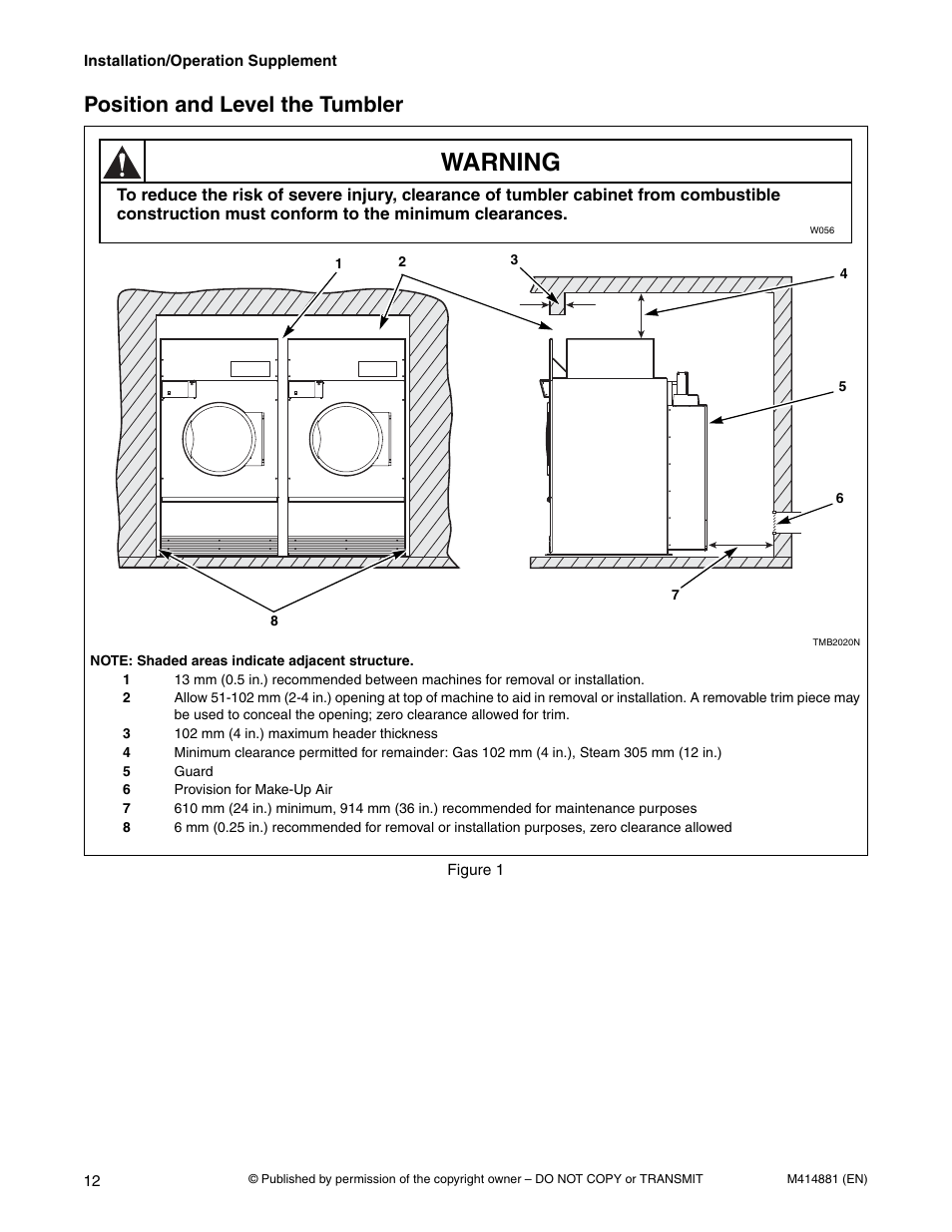Position and level the tumbler, Warning | Speed Queen Drying Tumblers TMB1268C User Manual | Page 14 / 30