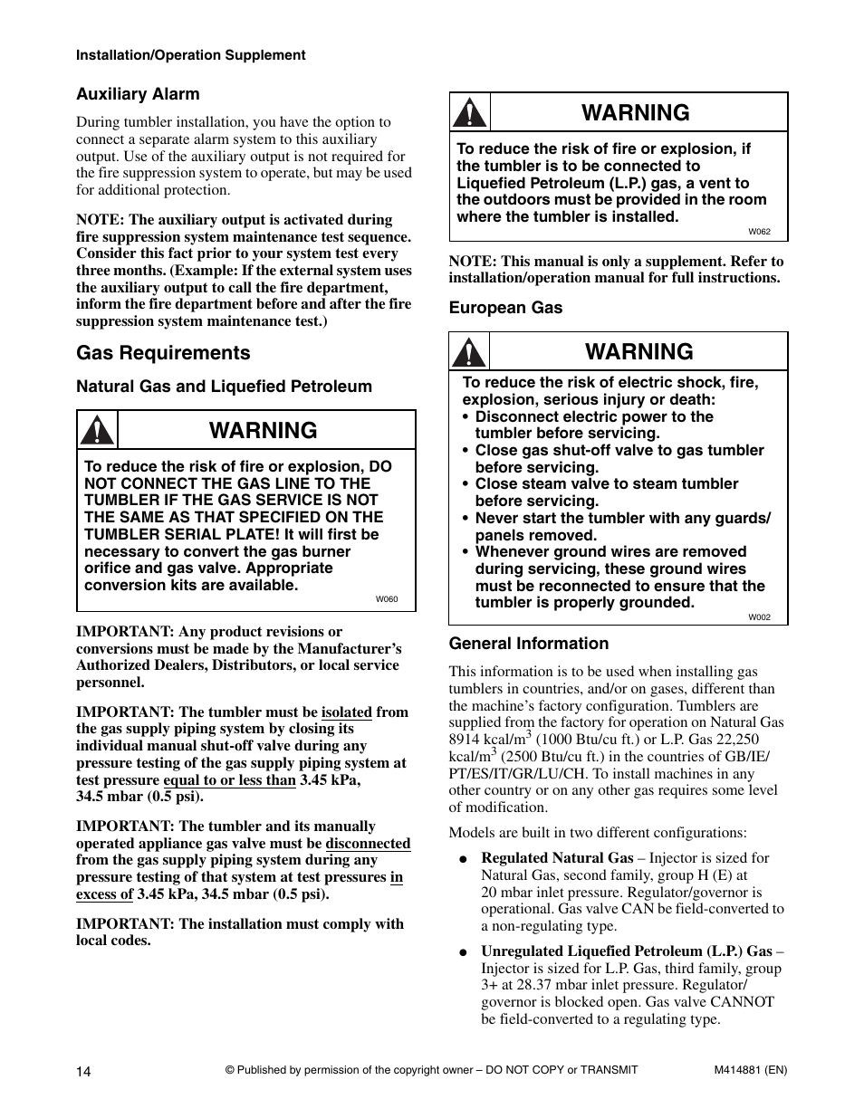 Auxiliary alarm, Gas requirements, Warning | Speed Queen Drying Tumblers TMB1268C User Manual | Page 16 / 30