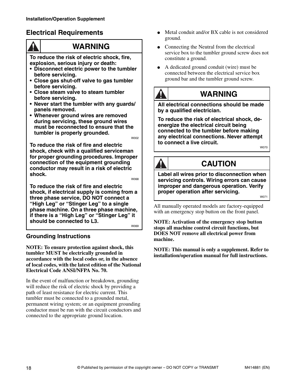 Electrical requirements, Grounding instructions, Warning | Caution | Speed Queen Drying Tumblers TMB1268C User Manual | Page 20 / 30