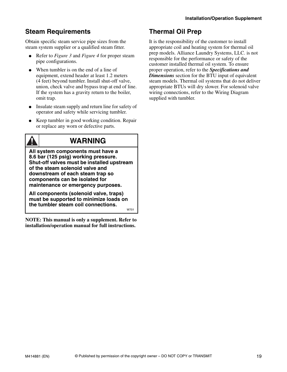 Steam requirements thermal oil prep, Warning, Steam requirements | Thermal oil prep | Speed Queen Drying Tumblers TMB1268C User Manual | Page 21 / 30