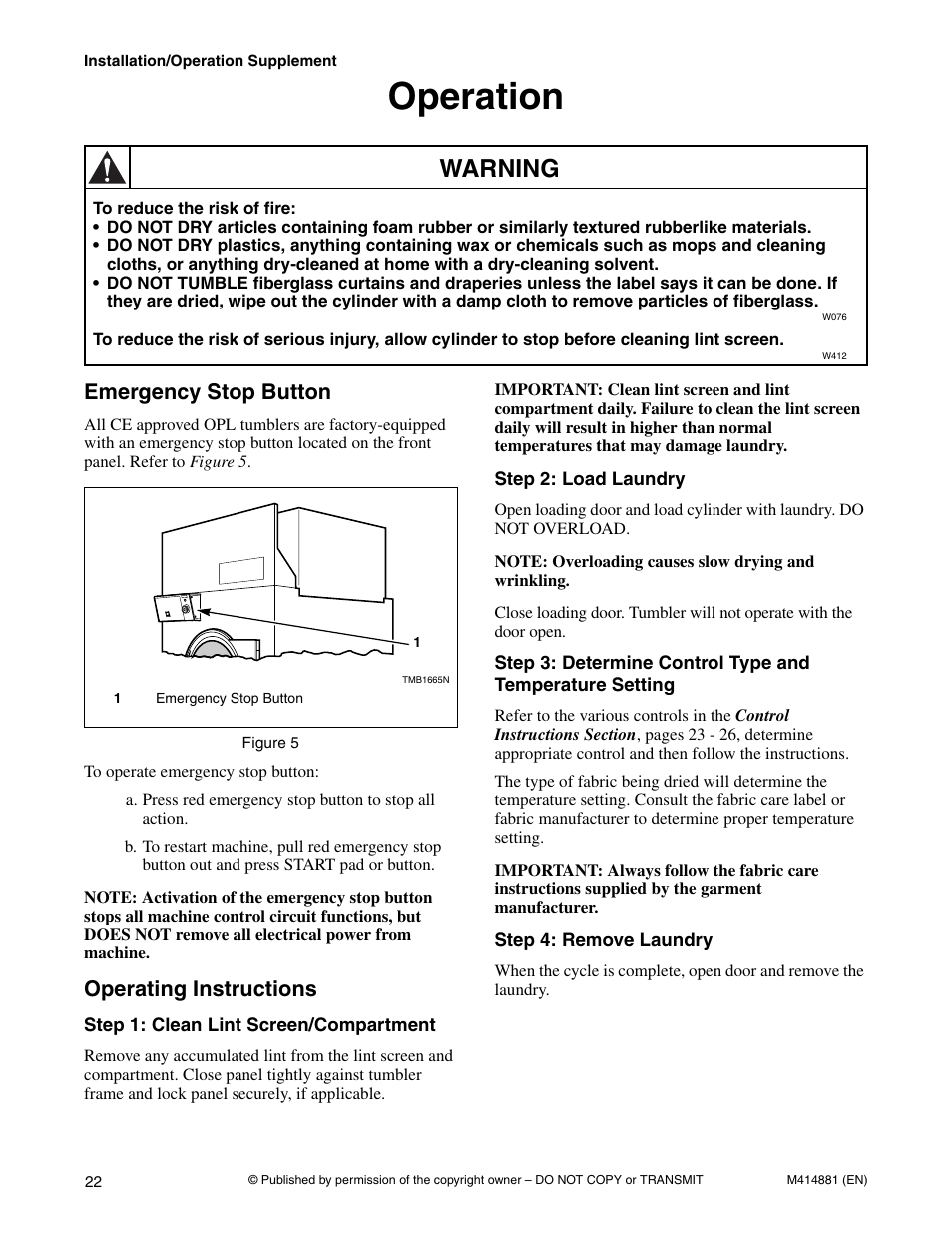 Operation, Emergency stop button operating instructions, Warning | Emergency stop button, Operating instructions | Speed Queen Drying Tumblers TMB1268C User Manual | Page 24 / 30