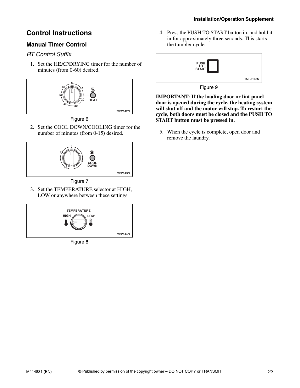Control instructions, Manual timer control, Manual timer control rt control suffix | Speed Queen Drying Tumblers TMB1268C User Manual | Page 25 / 30