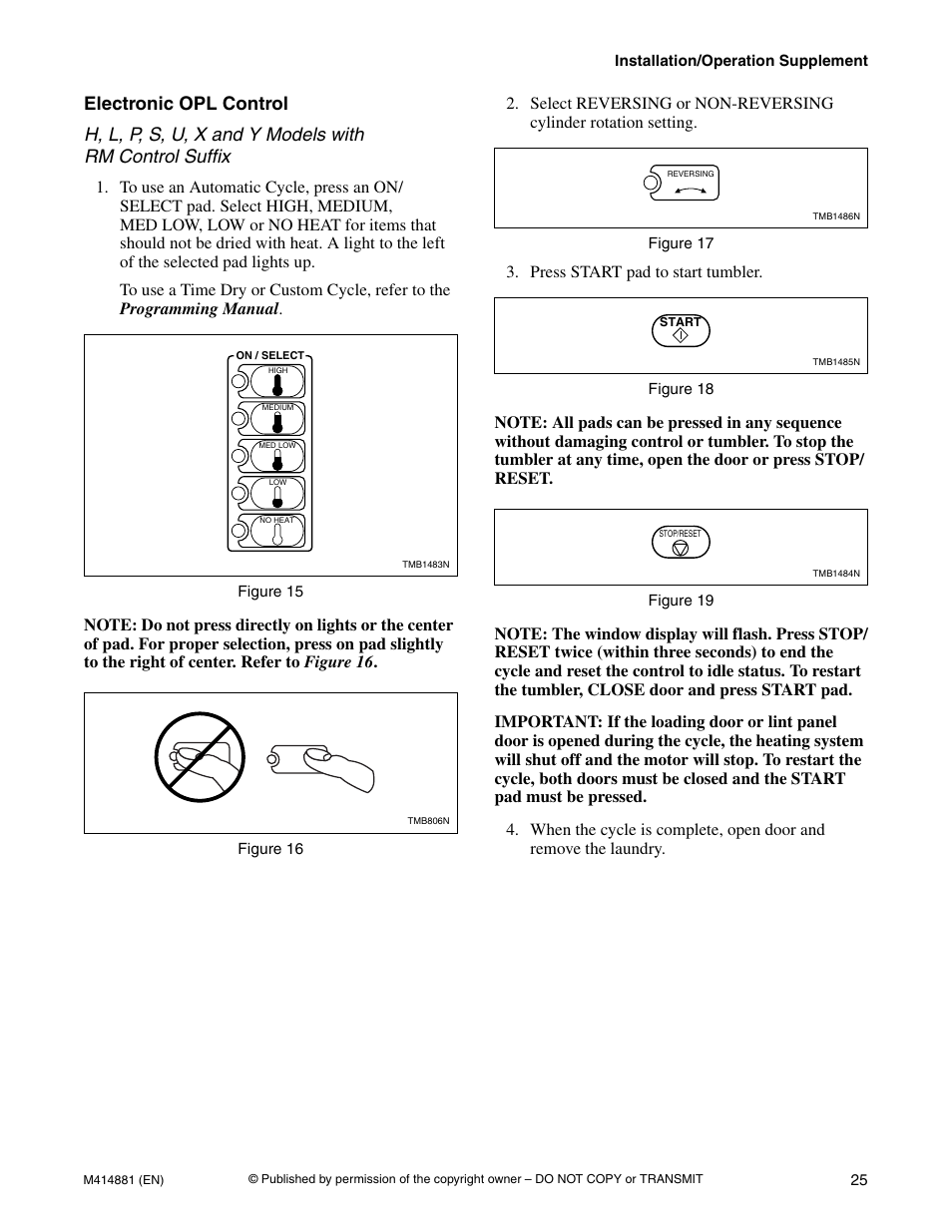 Electronic opl control, Press start pad to start tumbler | Speed Queen Drying Tumblers TMB1268C User Manual | Page 27 / 30