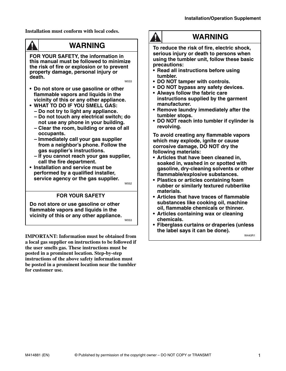 Warning | Speed Queen Drying Tumblers TMB1268C User Manual | Page 3 / 30