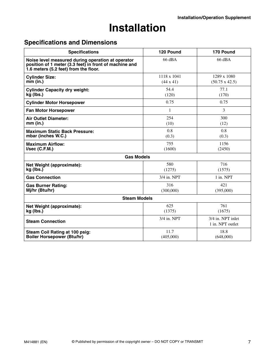 Installation, Specifications and dimensions | Speed Queen Drying Tumblers TMB1268C User Manual | Page 9 / 30