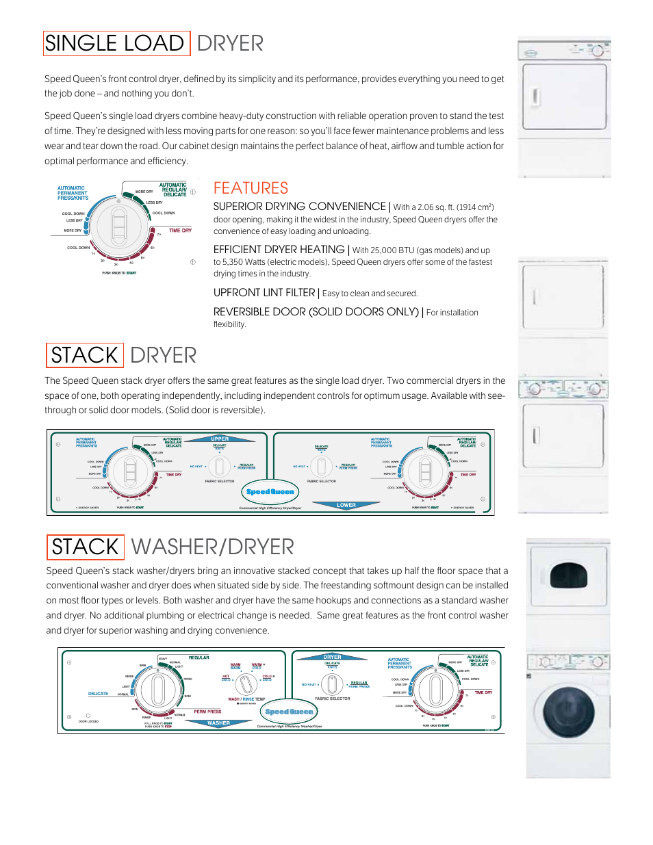 Single load dryer, Stack dryer, Stack washer/dryer | Speed Queen FES17 User Manual | Page 3 / 4