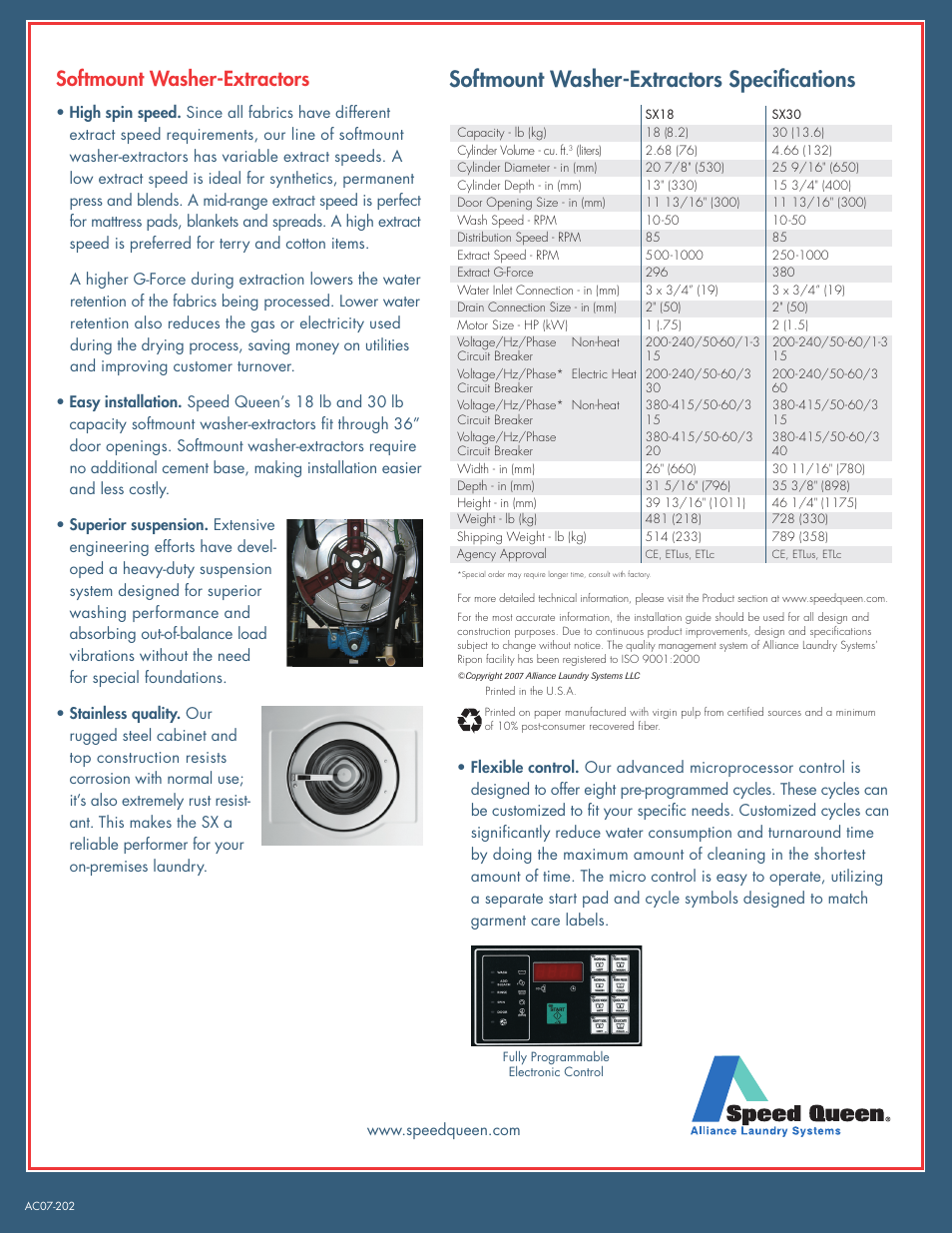 Softmount washer-extractors specifications, Softmount washer-extractors | Speed Queen 18-30 lb User Manual | Page 2 / 2