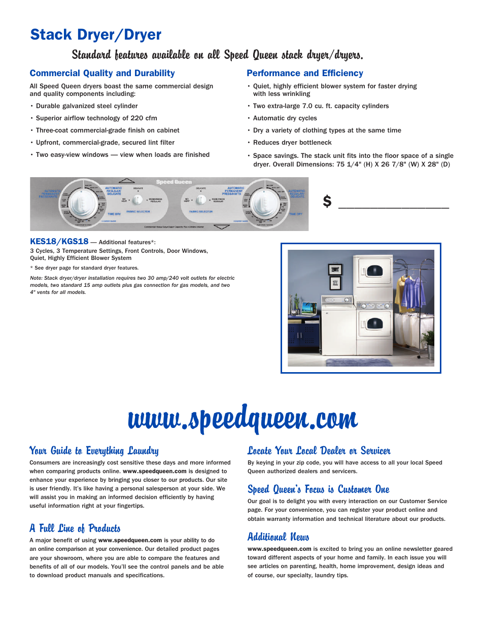 Stack dryer/dryer, Your guide to everything laundry, A full line of products | Locate your local dealer or servicer, Speed queen’s focus is customer one, Additional news | Speed Queen Home Laundry User Manual | Page 11 / 12