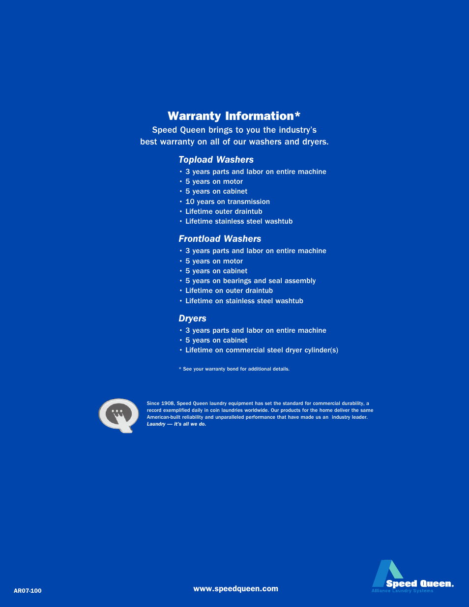Warranty information, Topload washers, Frontload washers | Dryers | Speed Queen Home Laundry User Manual | Page 12 / 12