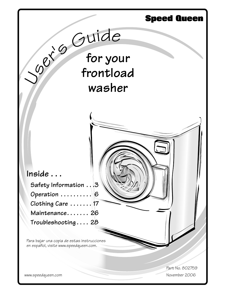 Speed Queen Frontload Washer 802759 User Manual | 30 pages