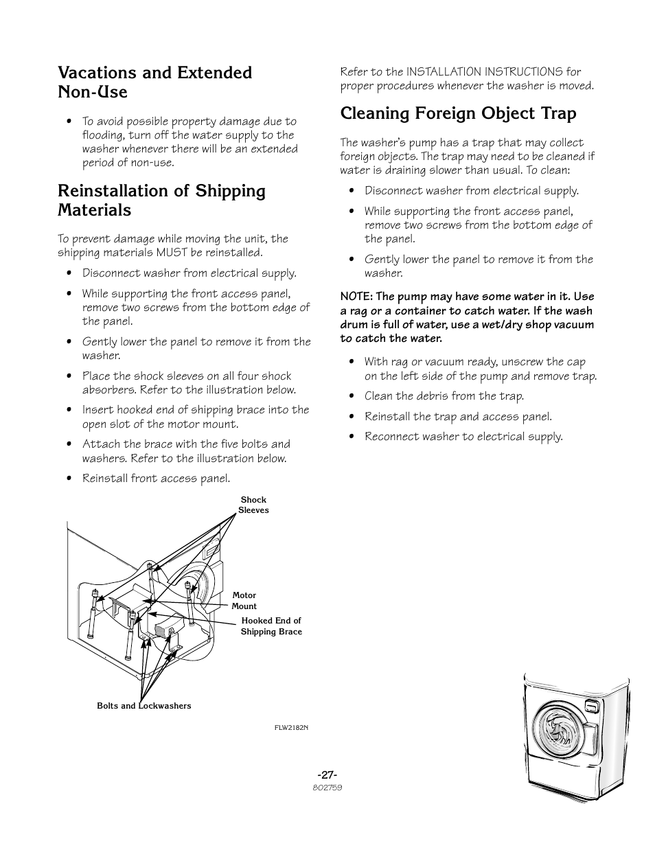 Vacations and extended non-use, Reinstallation of shipping materials, Cleaning foreign object trap | Speed Queen Frontload Washer 802759 User Manual | Page 27 / 30