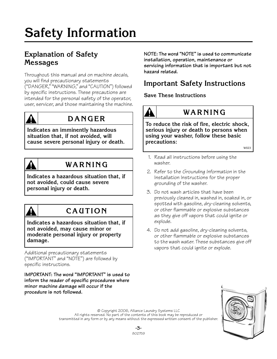 Safety information, Explanation of safety messages, Important safety instructions | Speed Queen Frontload Washer 802759 User Manual | Page 3 / 30