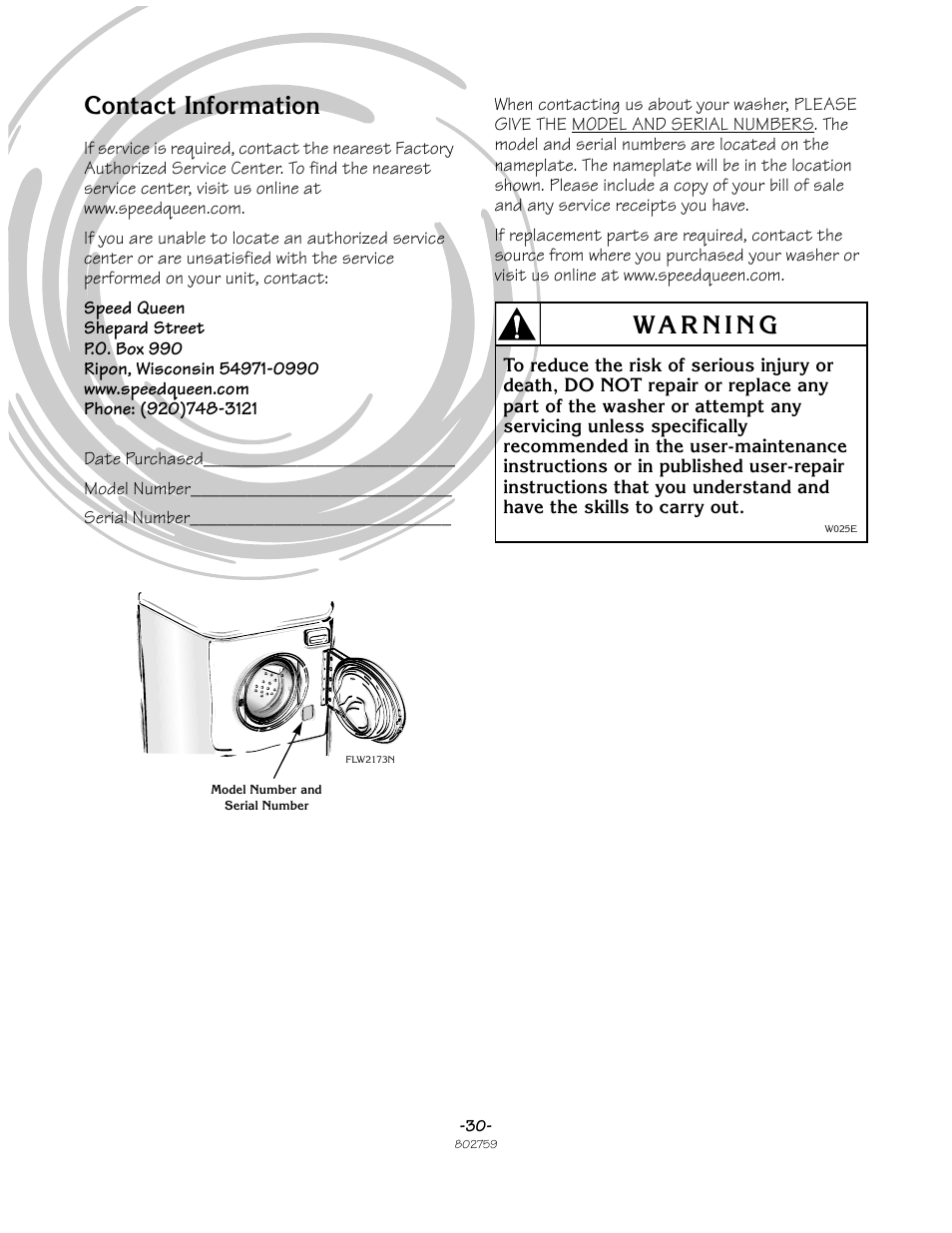 Contact information | Speed Queen Frontload Washer 802759 User Manual | Page 30 / 30