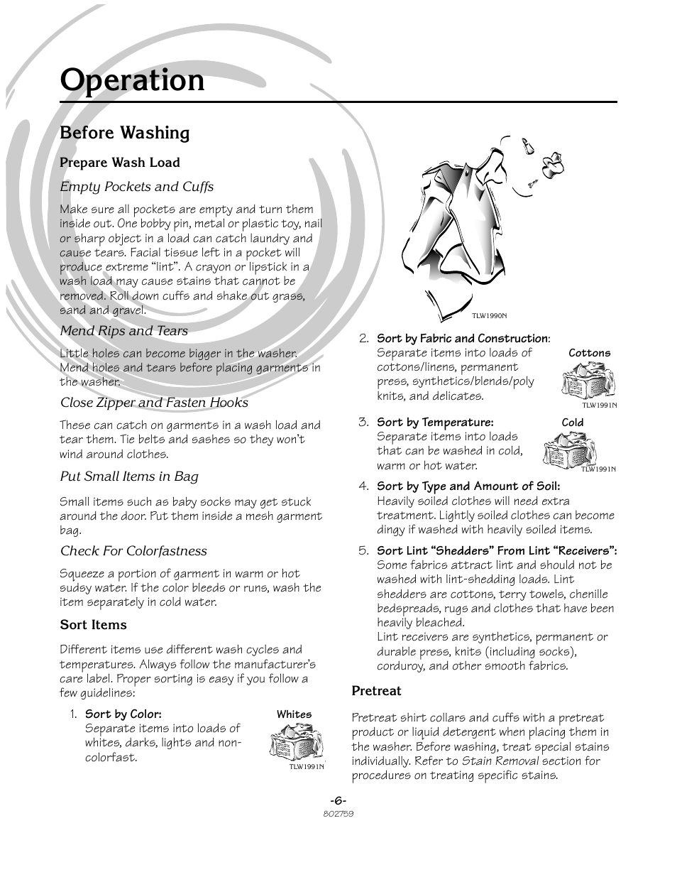 Operation, Before washing | Speed Queen Frontload Washer 802759 User Manual | Page 6 / 30