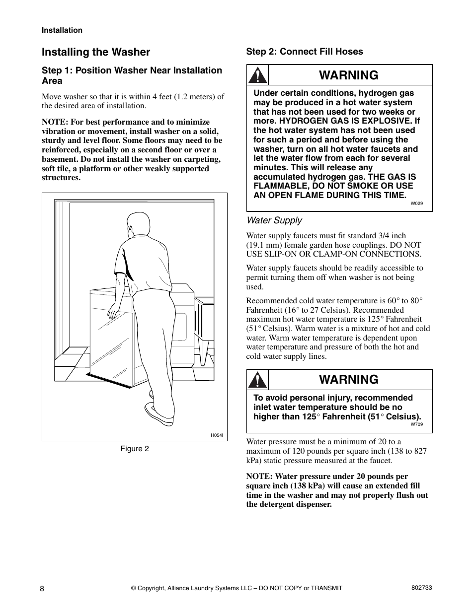 Installing the washer, Step 1: position washer near installation area, Step 2: connect fill hoses | Warning | Speed Queen FLW1525C User Manual | Page 10 / 34