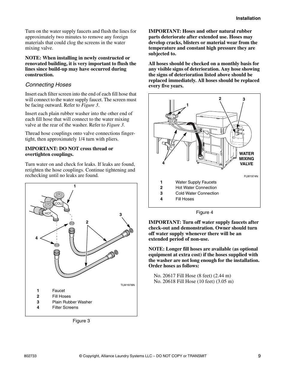 Connecting hoses | Speed Queen FLW1525C User Manual | Page 11 / 34