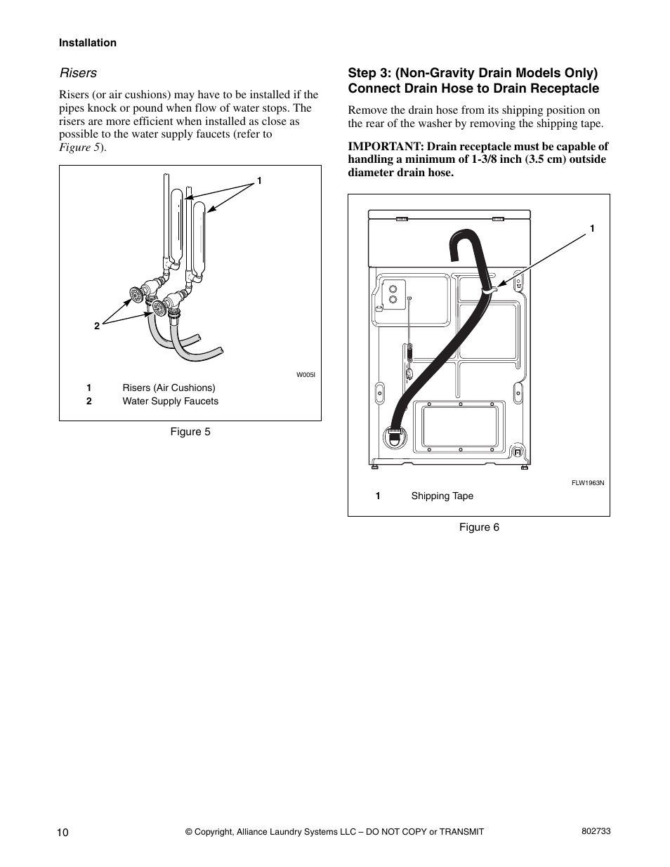 Step 3: (non-gravity drain models only), Connect drain hose to drain receptacle, Risers | Speed Queen FLW1525C User Manual | Page 12 / 34