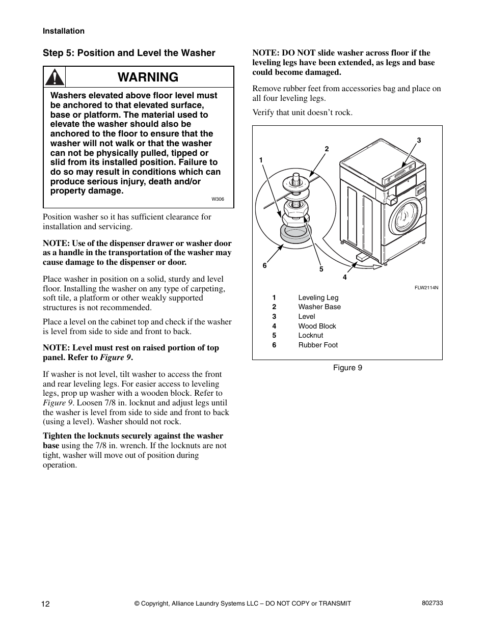 Step 5: position and level the washer, Warning | Speed Queen FLW1525C User Manual | Page 14 / 34