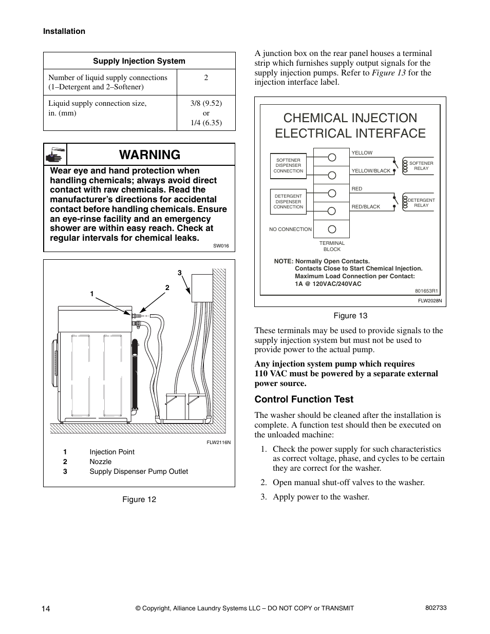 Control function test, Figure 12, Figure 13 ) for | Warning, Chemical injection electrical interface | Speed Queen FLW1525C User Manual | Page 16 / 34