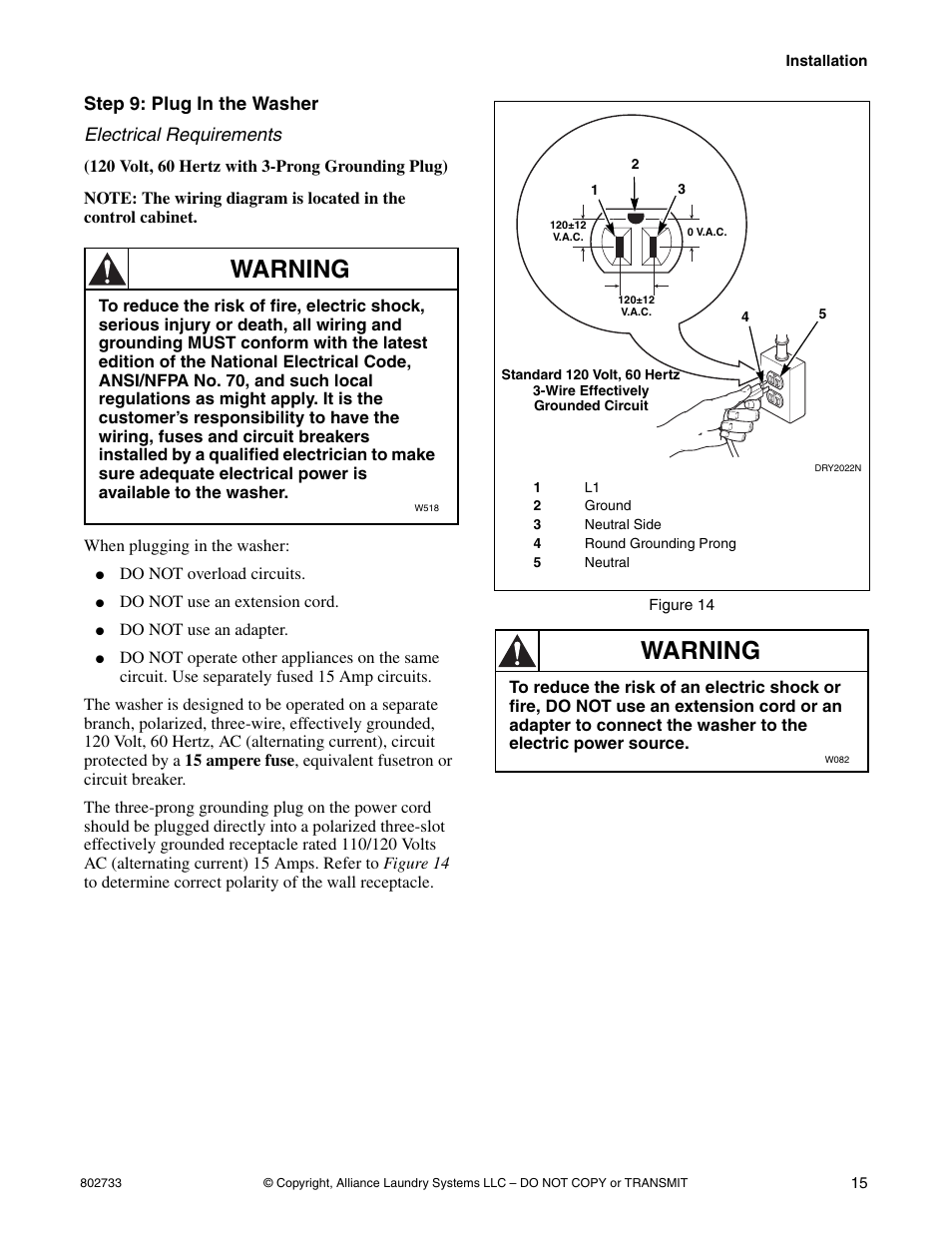 Step 9: plug in the washer, Warning, Step 9: plug in the washer electrical requirements | Speed Queen FLW1525C User Manual | Page 17 / 34