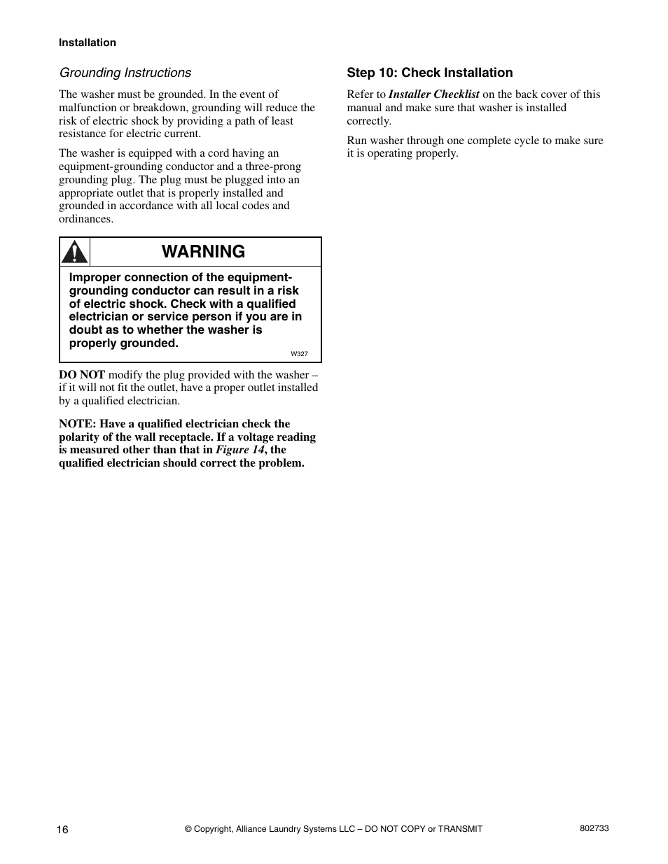 Step 10: check installation, Warning | Speed Queen FLW1525C User Manual | Page 18 / 34