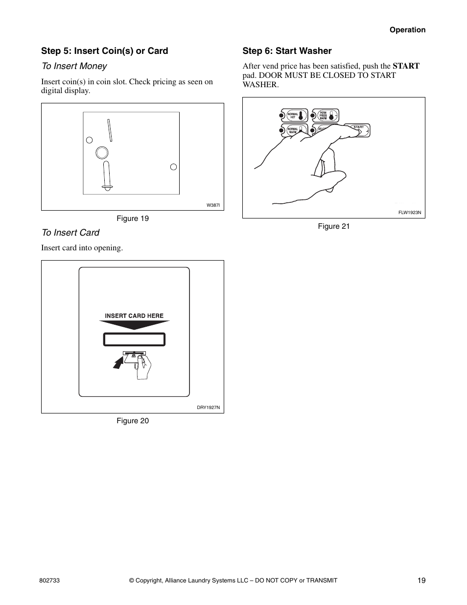 Step 5: insert coin(s) or card to insert money, Step 6: start washer | Speed Queen FLW1525C User Manual | Page 21 / 34