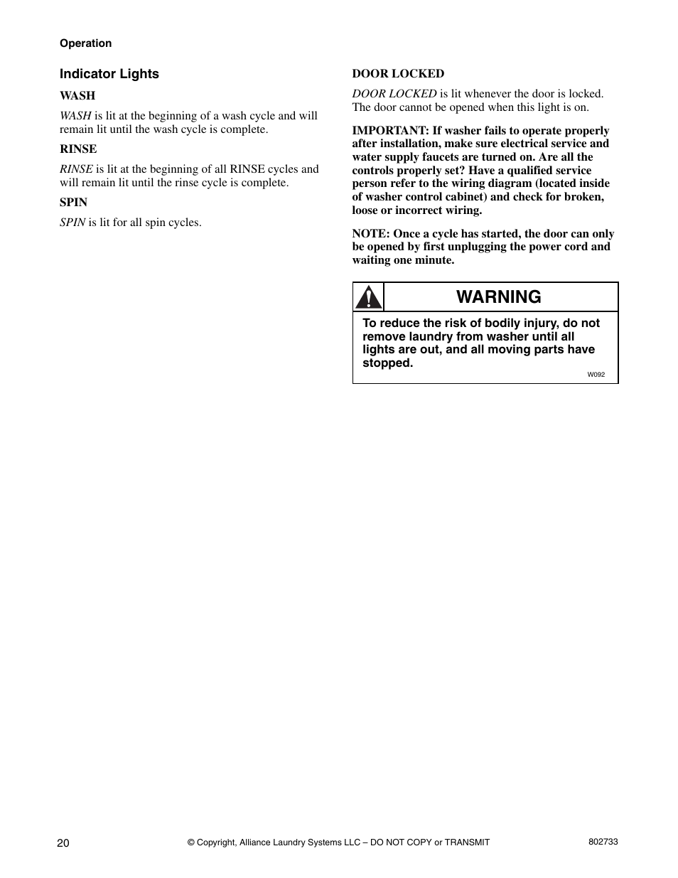 Indicator lights, Warning | Speed Queen FLW1525C User Manual | Page 22 / 34
