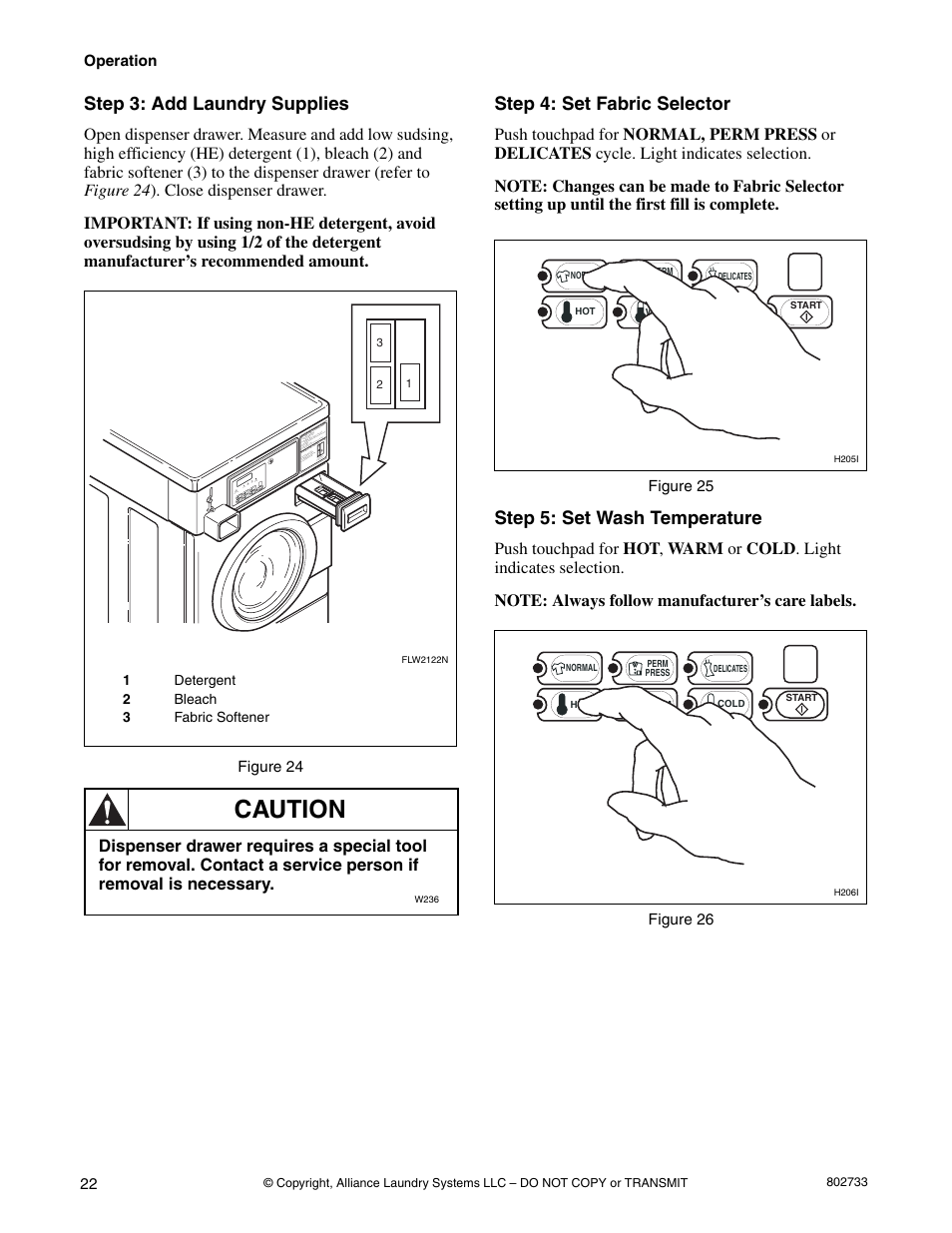 Caution, Step 3: add laundry supplies, Step 4: set fabric selector | Step 5: set wash temperature | Speed Queen FLW1525C User Manual | Page 24 / 34