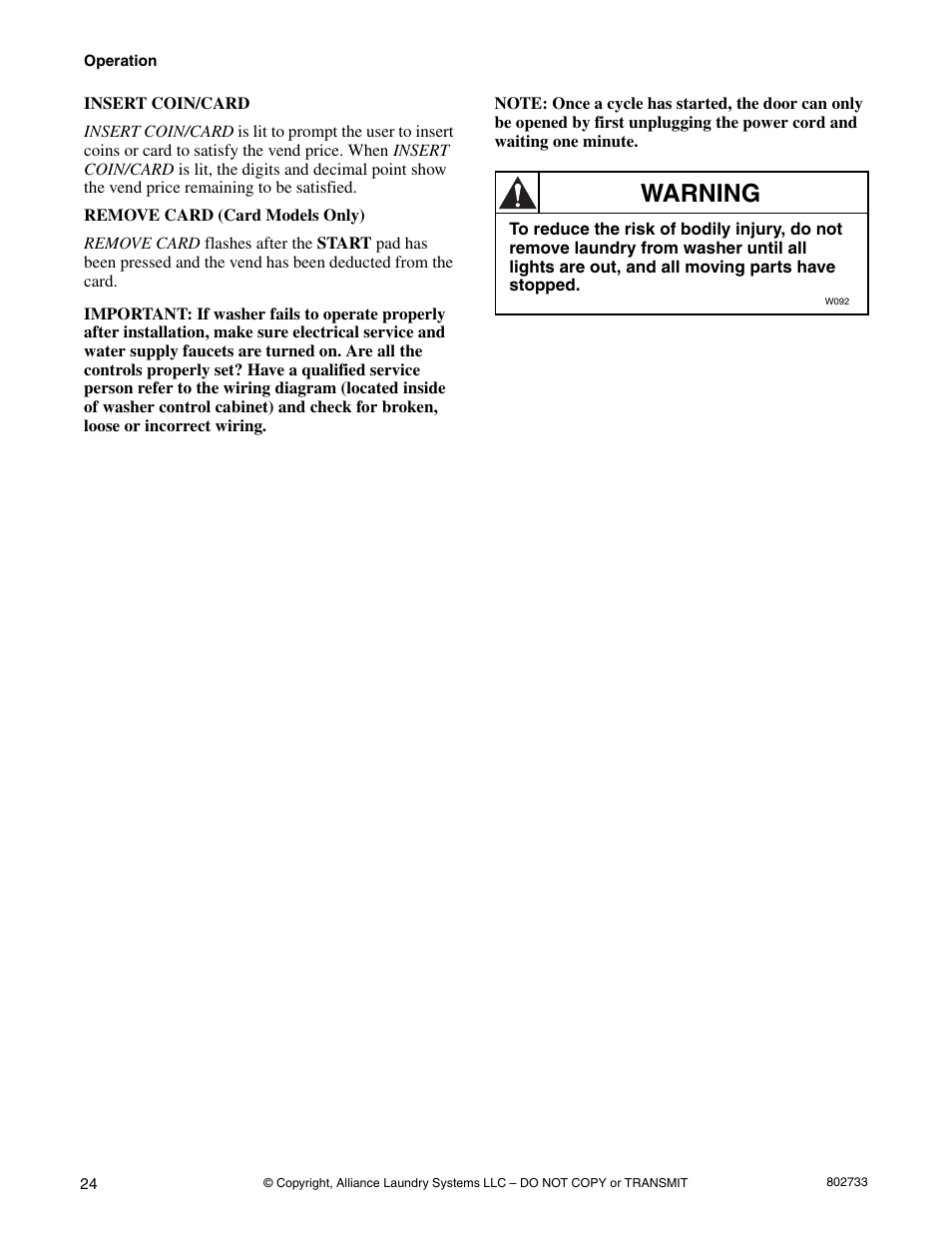 Warning | Speed Queen FLW1525C User Manual | Page 26 / 34
