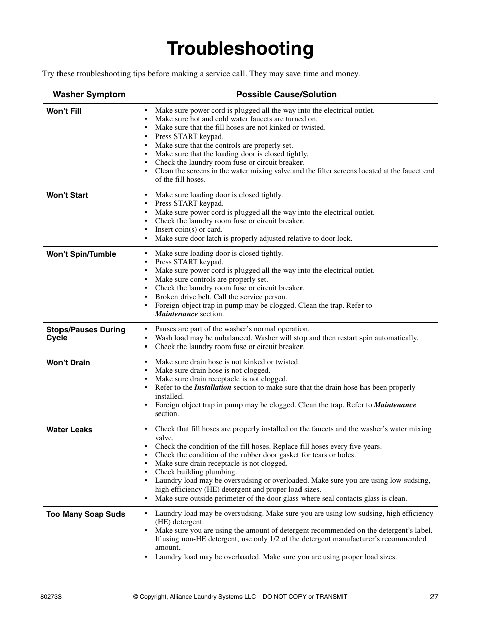Troubleshooting | Speed Queen FLW1525C User Manual | Page 29 / 34