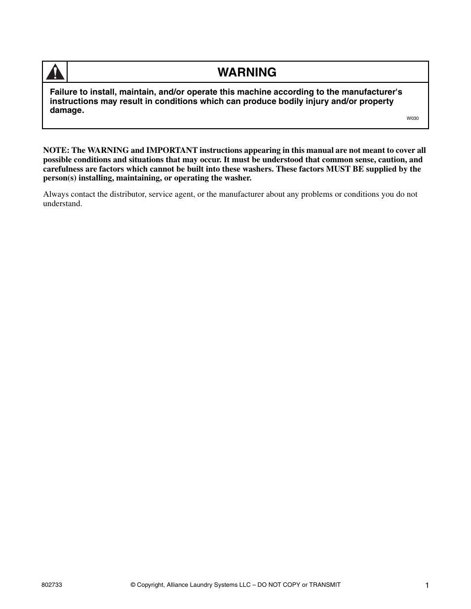 Warning | Speed Queen FLW1525C User Manual | Page 3 / 34