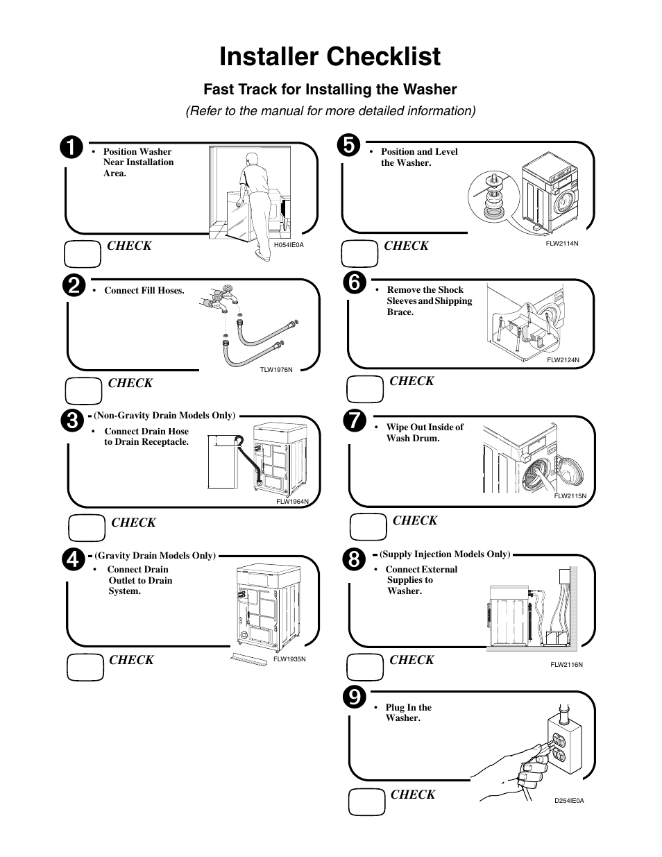 Installer checklist, Fast track for installing the washer | Speed Queen FLW1525C User Manual | Page 34 / 34
