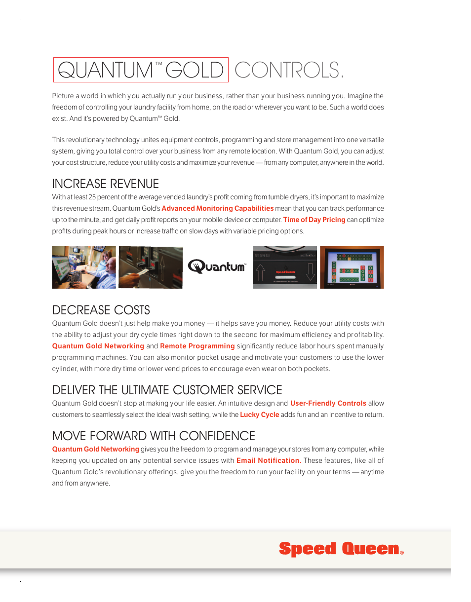 Controls. quantum, Gold, Increase revenue | Decrease costs, Deliver the ultimate customer service, Move forward with confidence | Speed Queen STT30 User Manual | Page 5 / 6