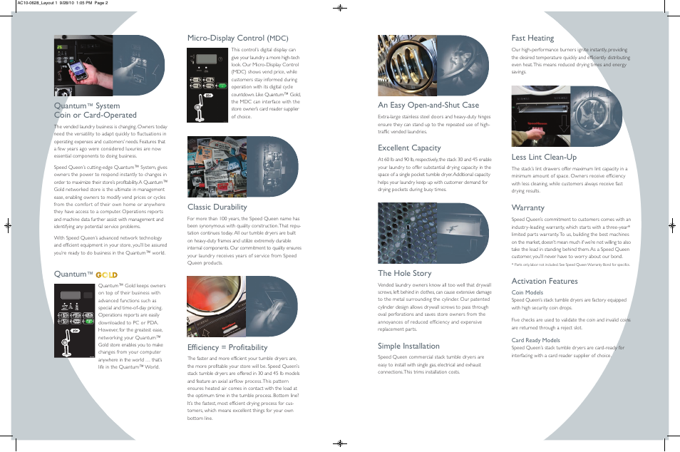 Micro-display control, Classic durability, Efficiency = profitability | An easy open-and-shut case, Excellent capacity, The hole story, Simple installation, Fast heating, Less lint clean-up, Warranty | Speed Queen Clothes Dryer User Manual | Page 3 / 4
